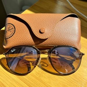 Ray Ban, women, brown aviator with blue lens and gold hardware.